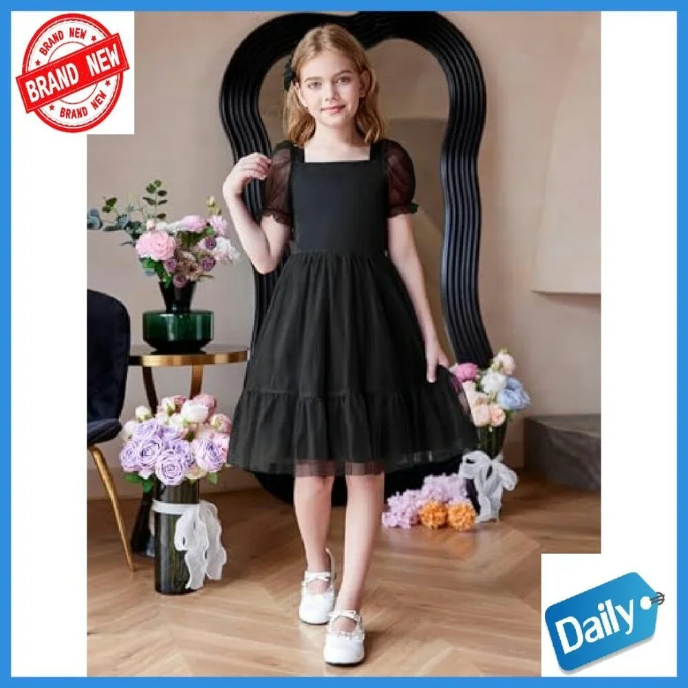 Girls Tulle Dress Puff Sleeve Bow Back Party Holiday Spring Summer Size